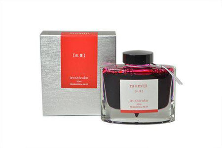 Pilot Iroshizuku Momiji vermillion fountain pen ink in 50ml bottle with vibrant red-orange color, suitable for calligraphy and writing.