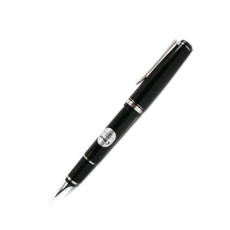 Pilot Falcon black and rhodium fountain pen with soft extra-fine nib, showcasing its sleek design and luxurious finish.