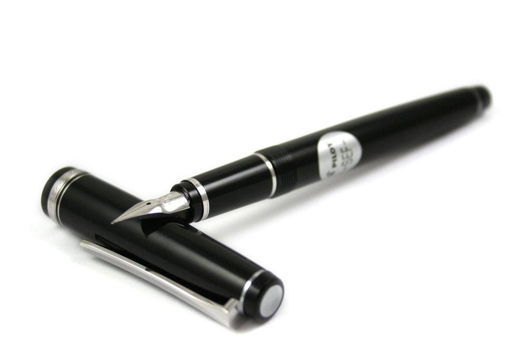 Pilot Falcon black and rhodium fountain pen with soft extra-fine nib, showcasing the elegant design and sleek finish.
