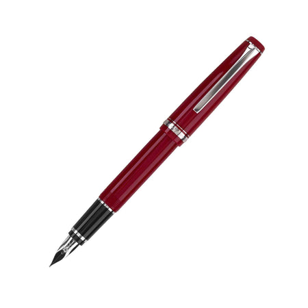 Pilot Falcon fountain pen with red and rhodium accents, featuring a soft extra-fine nib and sleek design.