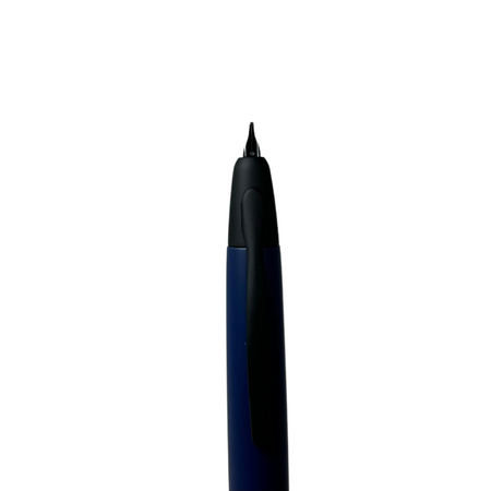Blue matte Pilot Vanishing Point fountain pen with sleek design and gold accents, showcasing its clip and nib.
