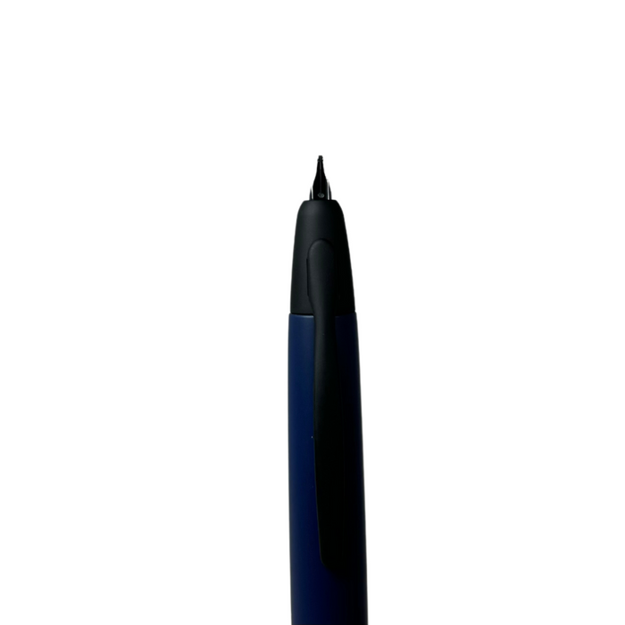 Blue matte Pilot Vanishing Point fountain pen with sleek design and gold accents, showcasing its clip and nib.