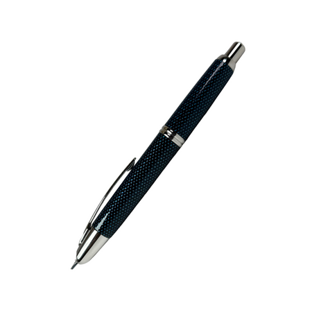 Pilot Vanishing Point fountain pen in blue Carbonesque finish with sleek metal body and retractable nib.