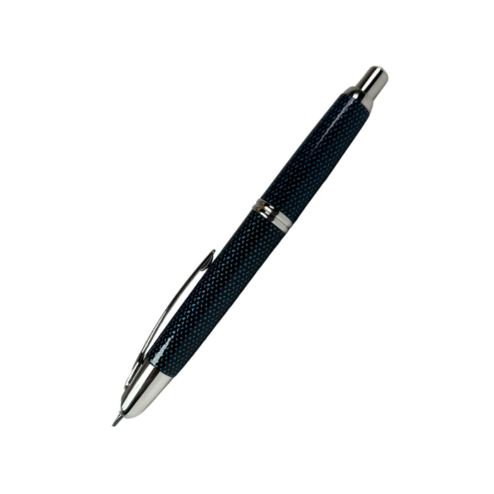 Pilot Vanishing Point fountain pen in blue Carbonesque finish with sleek metal body and retractable nib.