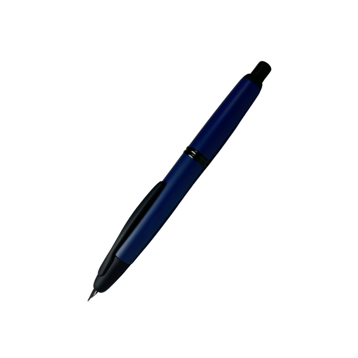 Pilot Vanishing Point fountain pen with a sleek blue matte finish, showcasing its elegant design and retractable nib.
