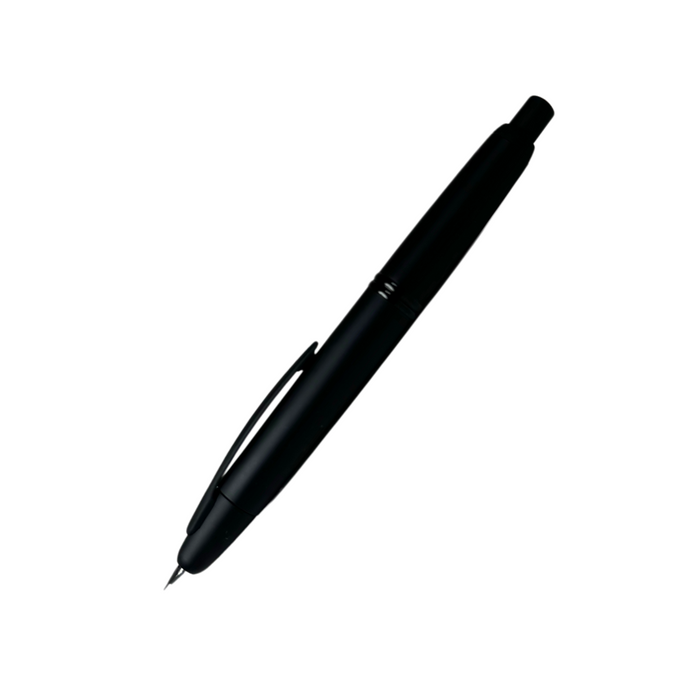 Pilot Vanishing Point black matte fountain pen with gold accents, shown with cap removed and nib visible.