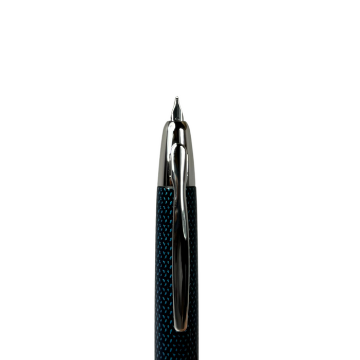 Pilot Vanishing Point fountain pen in Blue Carbonesque with sleek design and gold accents, displayed on a white background.