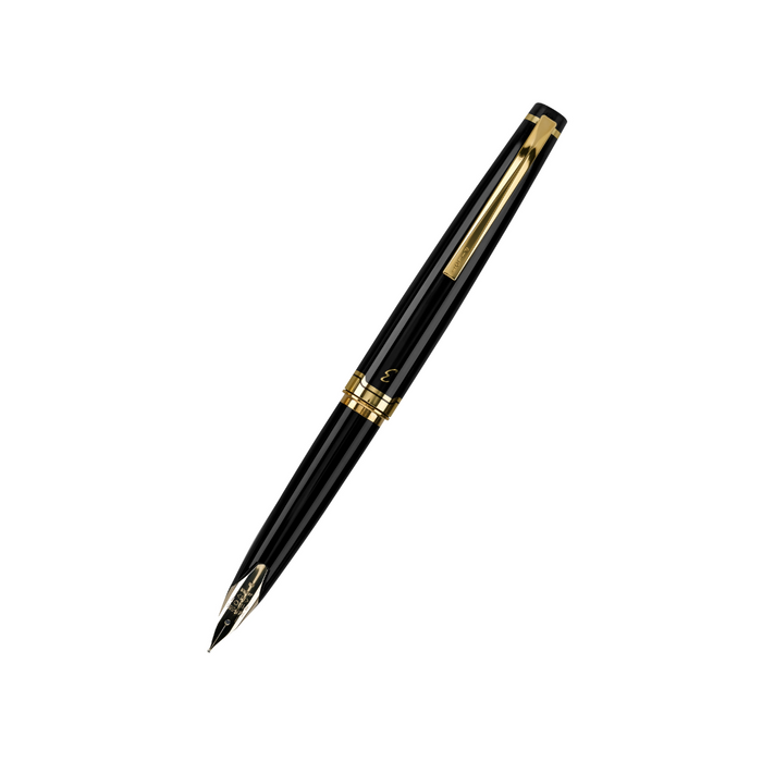 Black Pilot E95S fountain pen with gold accents, showcasing its sleek design and fine nib.