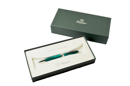 Pineider Avatar UR ballpoint pen with forest green finish, sleek design, and silver accents.