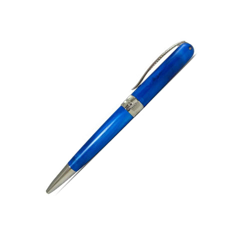 Pineider Avatar UR ballpoint pen in Neptune Blue with sleek design and metallic accents, shown resting on a white background.