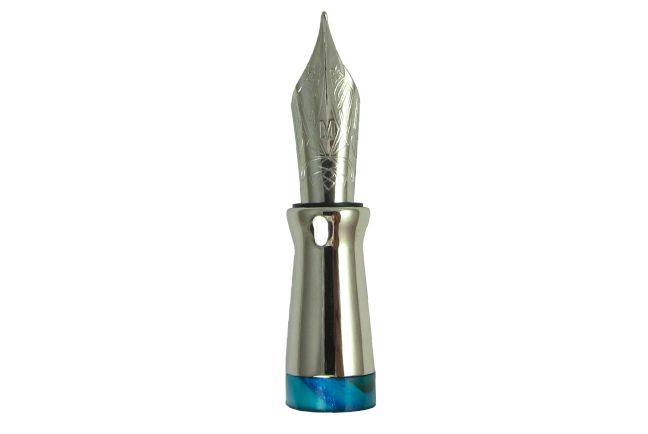 Pineider Avatar UR fountain pen with abalone green resin body and fine nib, elegant writing instrument with gold accents.