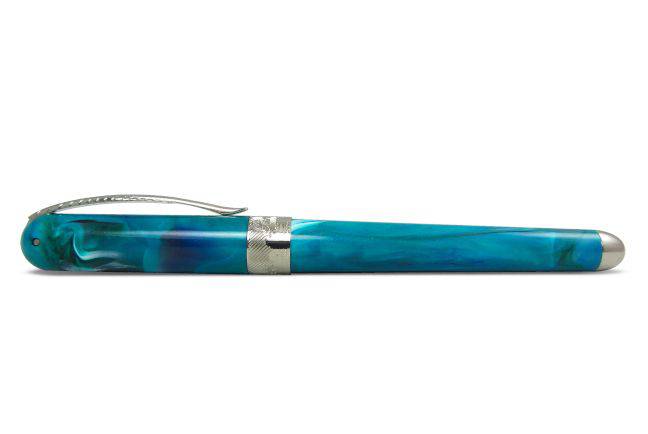 Pineider Avatar UR fountain pen in abalone green with a sleek design and fine nib, showcasing its elegant craftsmanship.
