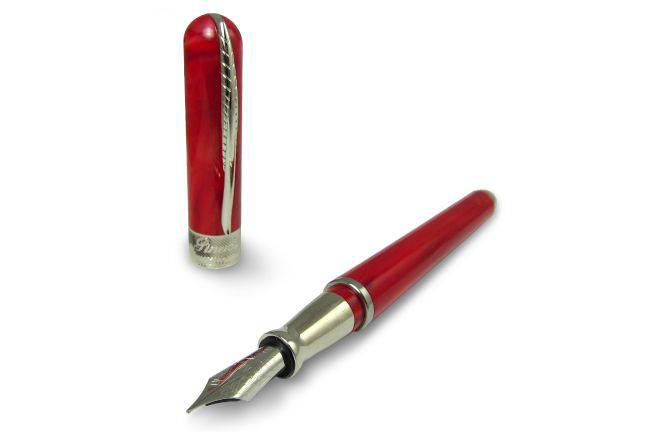 Pineider Avatar UR Fountain Pen in Devil Red with gold accents, showcasing its sleek, elegant design and fine nib.
