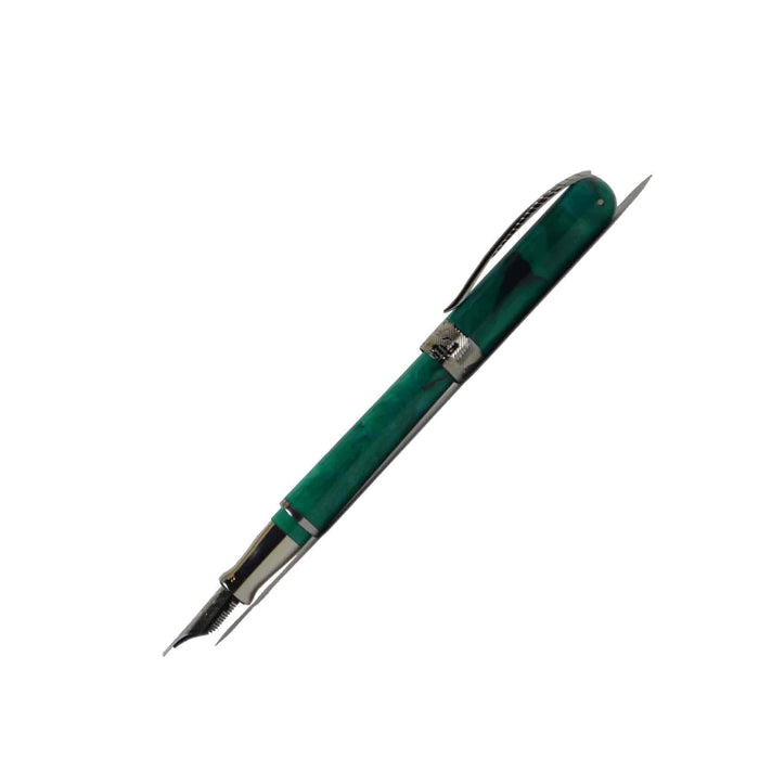 Pineider Avatar UR Fountain Pen in forest green with gold accents, showcasing its elegant design and fine nib.