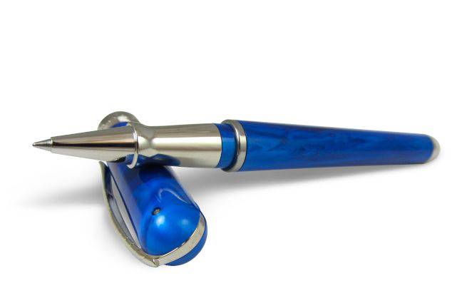 Pineider Avatar UR Neptune Blue rollerball pen with sleek design and shiny finish, featuring a metallic clip and detailed branding.