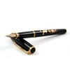 Platinum Maki-e Brush Warbler fountain calligraphy pen with fine nib, featuring detailed brush warbler design on gold-colored body.