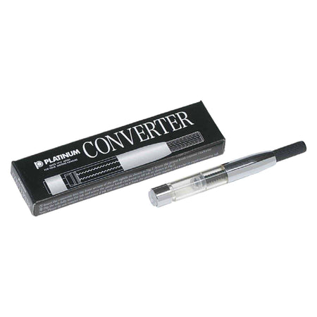 Silver Platinum fountain pen converter by Platinum Pen Company for refillable ink filling, shown in close-up.