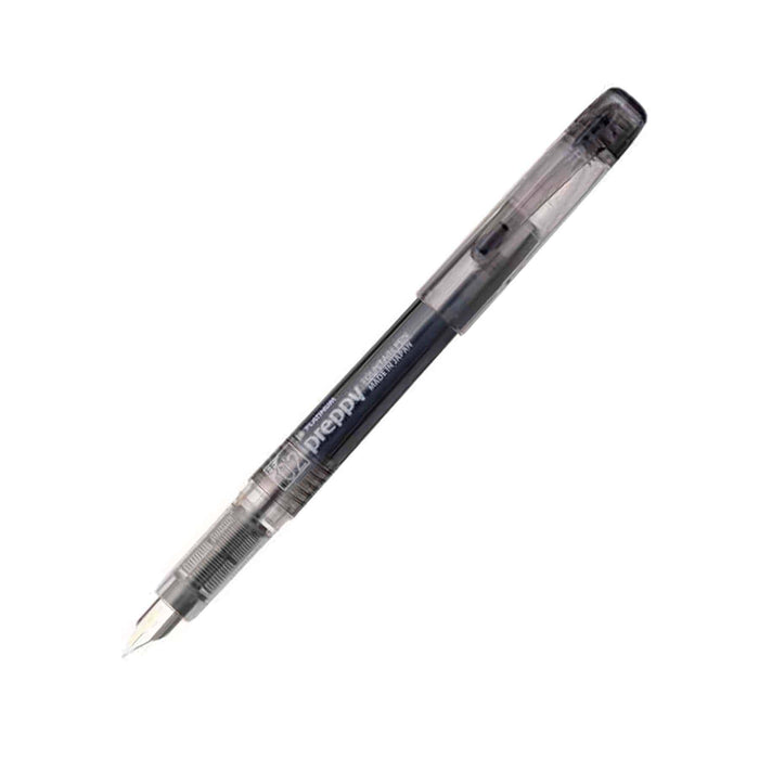 Black Platinum Preppy fountain pen with gold accents and fine nib, showcasing a sleek design and smooth writing tip.
