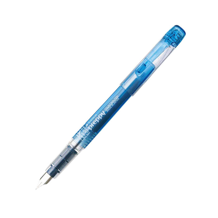 Black Platinum Preppy fountain pen with silver accents, showcasing its sleek design and fine nib against a white background.