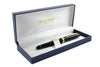 Platinum #3776 Century Black fountain pen with gold accents, showcasing its sleek black resin body and fine nib.