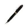 Platinum #3776 Century Black fountain pen with gold trim and fine nib, showcasing its sleek black resin body and elegant design.