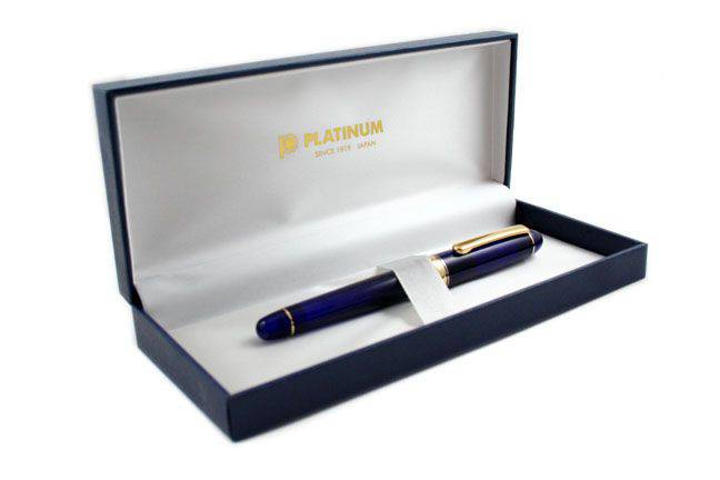 Platinum #3776 Century fountain pen in Chartres Blue with an extra-fine nib, showcasing a sleek blue body and elegant design.