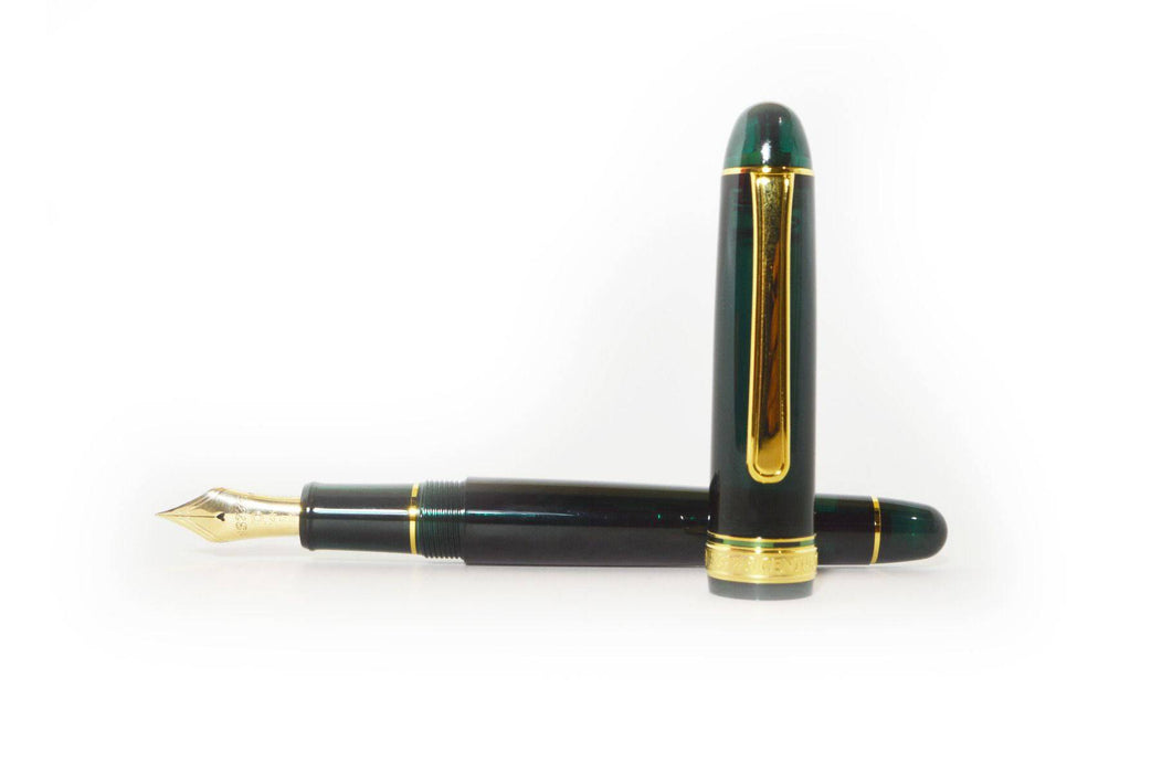 Platinum #3776 Century Laurel Green fountain pen with gold accents, showcasing its elegant design and smooth ink flow.