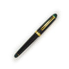 Platinum #3776 Century Laurel Green fountain pen with gold accents and transparent grip section, ink reservoir visible, elegant design.