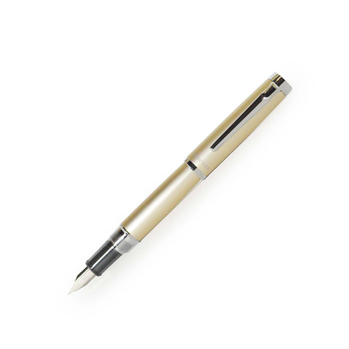 Platinum Century Procyon Champagne Gold fountain pen with gold accents and fine nib, sleek and elegant writing instrument.