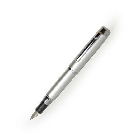 Platinum Century Procyon satin silver fountain pen with fine nib, showcasing its sleek, elegant design and polished finish.
