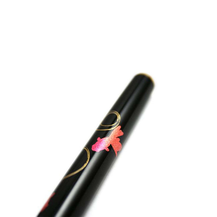 Platinum Maki-e fountain pen featuring a detailed goldfish koi fish design on the black lacquer body.