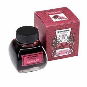 Platinum Classic Ink in Cassis Black for fountain pens, with a smooth black ink appearance in a bottle.