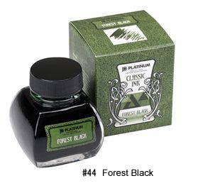 Bottle of Platinum Classic Ink for fountain pens in Forest Black color, by Platinum Pen Company.