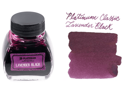 Lavender black fountain pen ink by Platinum Pen Company in a glass bottle, showcasing the vibrant ink color and branding.