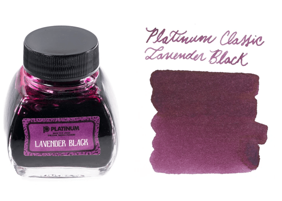 Lavender black fountain pen ink by Platinum Pen Company in a glass bottle, showcasing the vibrant ink color and branding.