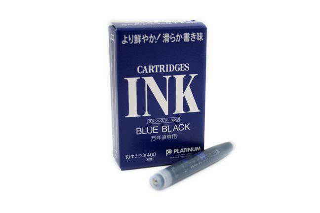 Black fountain pen ink cartridge by Platinum Pen Company with sleek design, compatible with Platinum fountain pens.