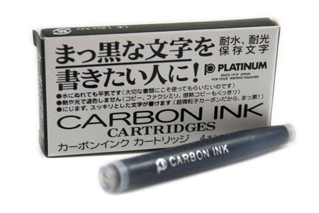 Black Platinum fountain pen ink cartridge with carbon ink, designed for platinum fountain pens, shown in a close-up image.