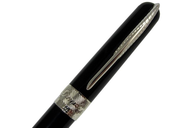 Pineider Avatar UR rollerball pen in graphene black with sleek design and silver accents, shown on a white background.