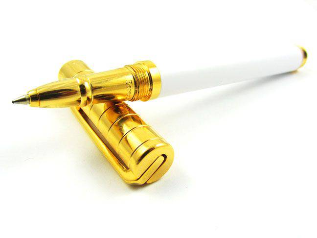Rebecca Moss Downtown rollerball pen in black chrome with sleek design and smooth writing tip.