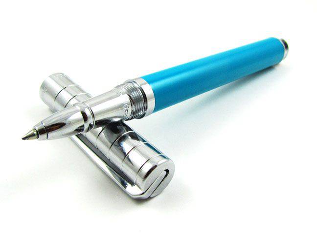 Rebecca Moss Downtown rollerball pen with black chrome finish, sleek and stylish writing instrument.
