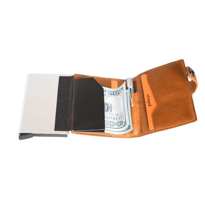 Black Retro 51 Modern Traveler leather wallet with built-in ballpoint pen, stylish and compact accessory for everyday use.