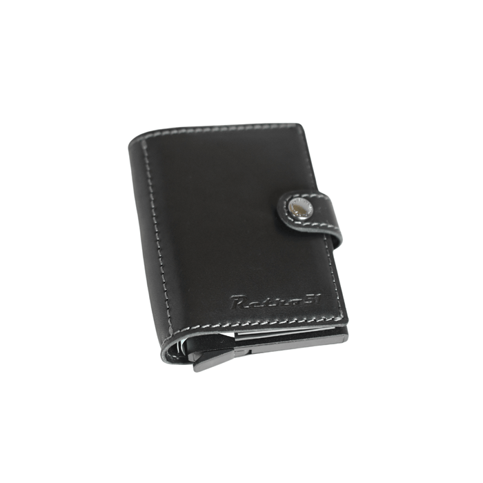 Black Retro 51 Modern Traveler leather wallet with integrated ballpoint pen, compact and stylish for daily use.