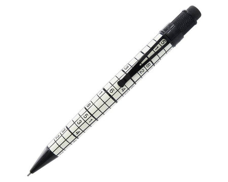 Retro 51 Tornado mechanical pencil with 1.15mm lead and Sudoku design, featuring a sleek metal body and ergonomic grip.
