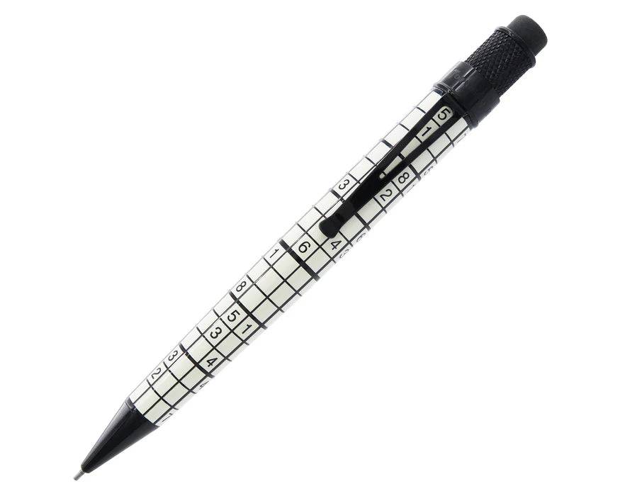 Retro 51 Tornado mechanical pencil with 1.15mm lead and Sudoku design, featuring a sleek metal body and ergonomic grip.