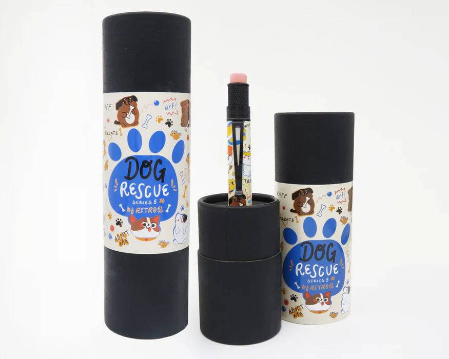 Retro 51 Tornado Rescue Dog Rescue Series 5 mechanical pencil with colorful rescue dog illustrations on a sleek design.