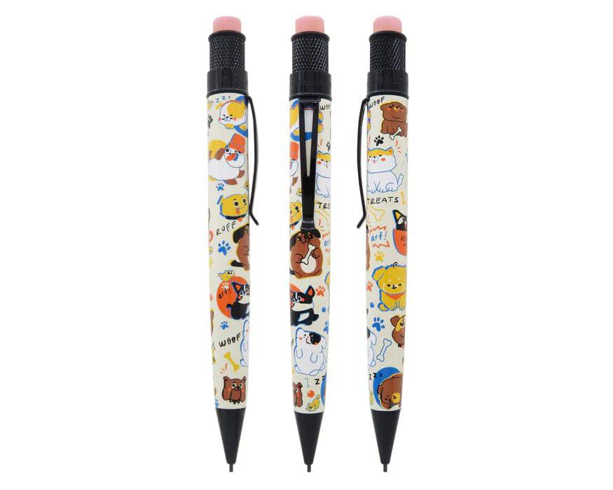 Retro 51 Tornado Rescue Dog Rescue Series 5 mechanical pencil with black grip and detailed rescue dog illustration.