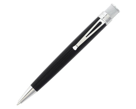 Retro 51 Lacqeur Color Series rollerball pen with black body and colorful accents, showcasing sleek design and branding.