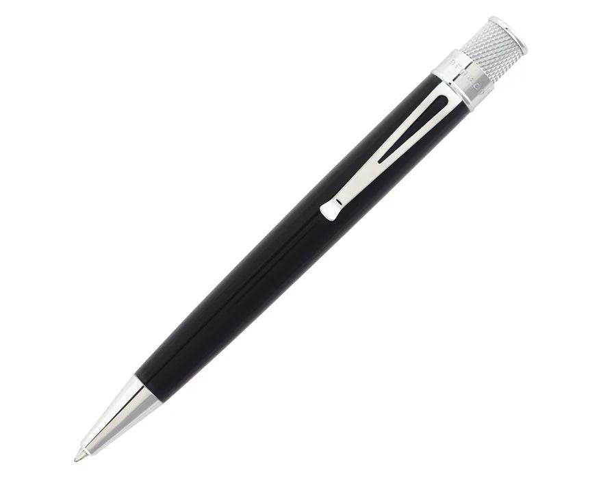 Retro 51 Lacqeur Color Series rollerball pen with black body and colorful accents, showcasing sleek design and branding.
