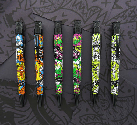 Retro 51 Dino Fossil Tornado rollerball pen with a fossil-inspired design on a sleek metallic barrel.