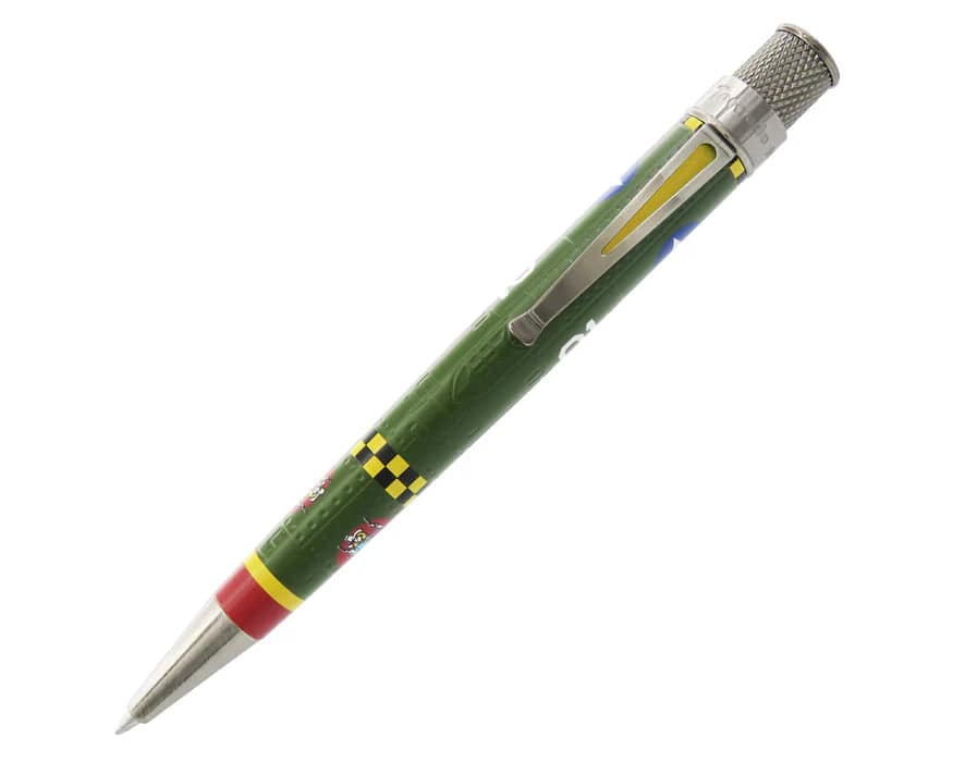Retro 51 Tornado Vintage Metalsmith P-47 Thunderbolt rollerball pen with metallic finish and detailed design, positioned on a white background.
